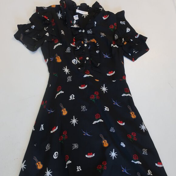 Womens Sandro Paris 100% Silk Black- Multi Print Short Sleeve Dress 3/L - Picture 1 of 12